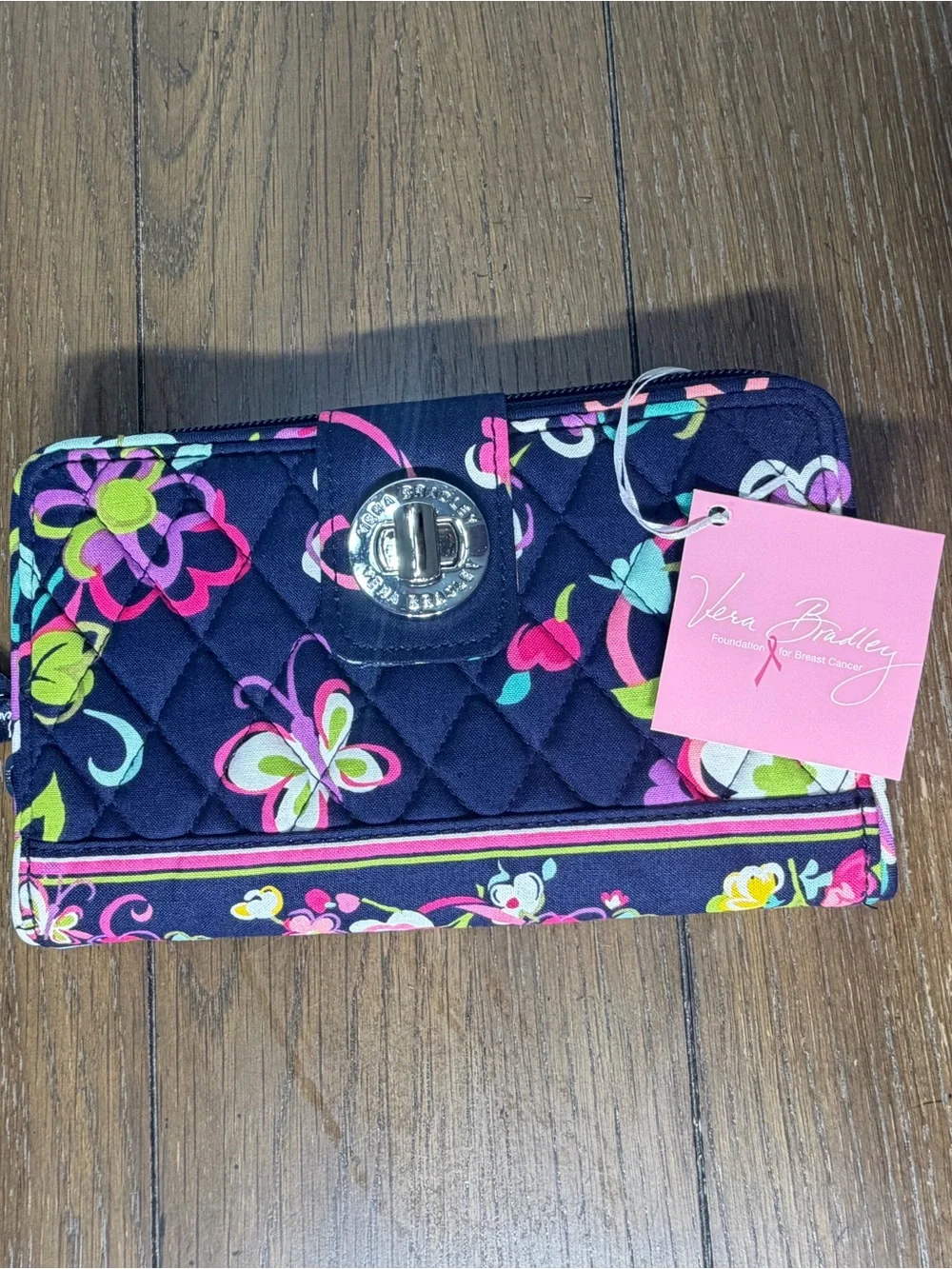 Vera Bradley Turn Lock Wallet - Ribbons - Navy Blue - Butterfly Floral NWT - Picture 1 of 5